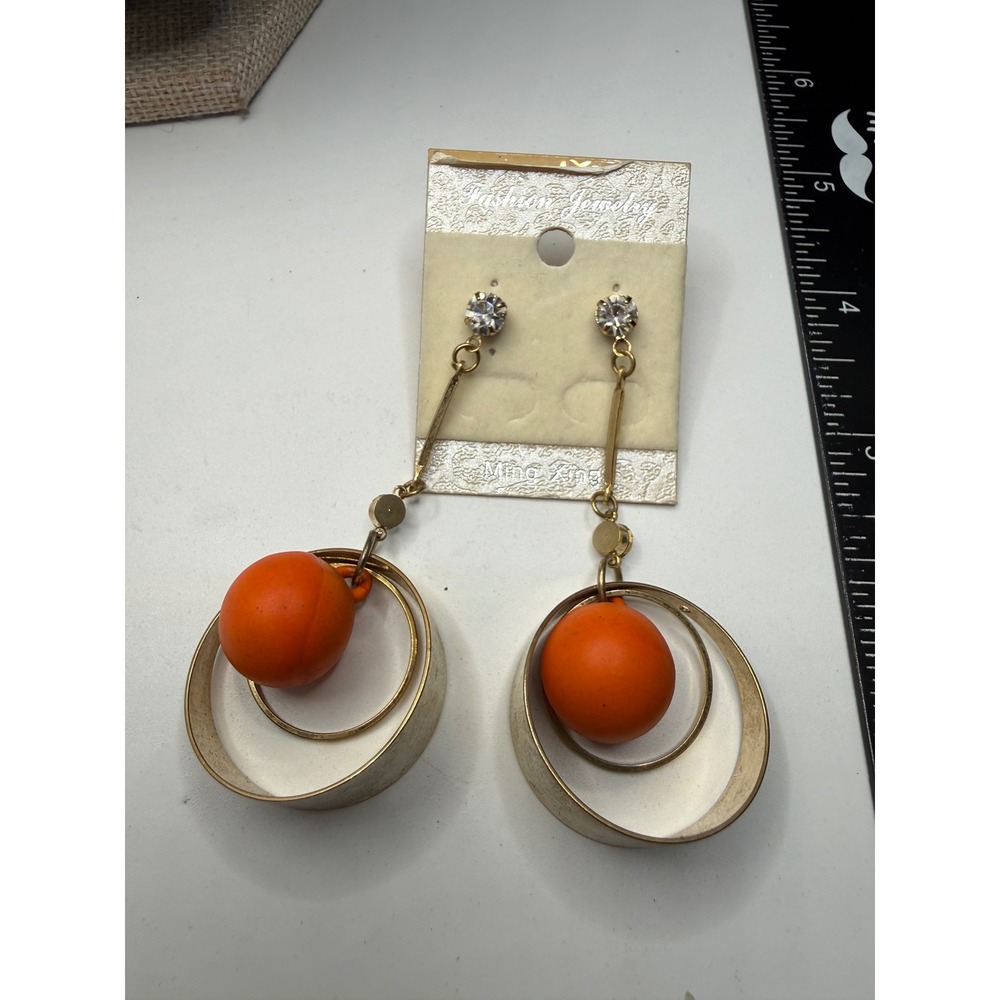 Mina Xing Orange Sphere Gold Tone‎ Hoop Drop Dangle Earrings Crystal Accents NEW